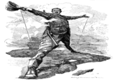 Cecil John Rhodes, one foot on Cape Town, the other on Cairo, holding telegraph lines.  This symbolized Britain's imperial ambitions in Africa, as well as his plan to build a railroad between the titular cities.

British colonies were split by Belgian Congo and German Tanganyika, prompting plans to seize Rwanda and Burundi after the Casement Report revealed the atrocities of the Congo Free State.  This never came to pass, but the British were able to seize Tanganyika after World War I.  Unfortunately, the monetary losses during the War, followed by the Great Depression, brought construction of the railroad to a halt, as did World War II.  When all was said and done, the British Empire was collapsing, and the African colonies were seeking independence, shelving plans for the railroad indefinitely and leaving several sections incomplete.
