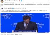 Austin Patrick Bishop @austinbishop 30M views on a post like this, is like 300M views on a shitpost. Incredibly rare. Aaron Slodov @aphysicist Jan 18 Milei's 2024 Davos talk, directly translated to English by Al (by heygen), in his own accent. Better than the dubbed version imo. WORLD ECONOMIC FORUM C WO! ECON FO WORLD ECONOMIC FORUM WORLD WORLD . 11:05 AM Jan 19, 2024 · 3,716 Views EC MIC Annual Meeting 2024 WORLD ECONOMIC FORUM WOR ECON FOR ORLD NOMIC RUM WO