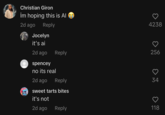 Christian Giron İm hoping this is Al 2d ago Reply TARIS Jocelyn it's ai 2d ago Reply spencey no its real 2d ago Reply sweet tarts bites it's not 2d ago Reply 4238 ♡ 256 34 ♡ 118