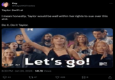 Kay @KayofAllTrades Taylor Swift ai I mean honestly, Taylor would be well within her rights to sue over this s---. Do it. Do it Taylor. II GIF ALT 43 Let's go! 8:30 PM Jan 24, 2024 · 141.7K Views 1747 428 8 TV : 企 (→