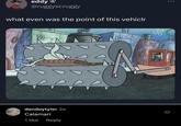Squidward Crushed by Spike Rollers meme eddy @ruggyscruggy what even was the point of this vehiclr PP dandoytyler 2d Calamari 1 like Reply O :