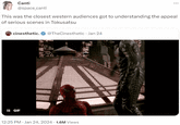 Canti @space_canti This was the closest western audiences got to understanding the appeal of serious scenes in Tokusatsu cinesthetic.✔ @TheCinesthetic - Jan 24 II GIF 12:25 PM - Jan 24, 2024. 1.6M Views ANAAL ⠀