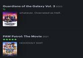 Guardians of the Galaxy Vol. 3 2023 ½ GUARDIANS GALAXY VOLUME whatever. Overrated as Hell. PAW Patrol: The Movie 2021 PAW PATRUL THE MOVIE HOOOOLY S---