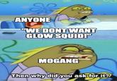 ANYONE "WE DONT WANT GLOW SQUID!" imgflip.com MOGANG Then why did you ask for it?