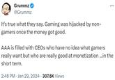 Grummz @Grummz It's true what they say. Gaming was hijacked by non- gamers once the money got good. AAA is filled with CEOs who have no idea what gamers really want but who are really good at monetization ...in the short term. 2:48 PM Jan 29, 2024 307.8K Views