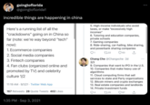 goingtoflorida @goingtoflorida1 incredible things are happening in china Here's a running list of all the "crackdowns" going on in China so far (note: we're way beyond "tech" now): 1. Ecommerce companies 2. Social media companies 3. Fintech companies 4. Fan clubs (organized online and promoted by TV) and celebrity culture 1/2 11:19 AM - 9/1/21 Twitter Web App 167 Retweets 28 Quote Tweets 402 Likes 1:35 PM Sep 3, 2021 5. High-income individuals who avoid taxes, or make "excessively high incomes" 6. Tutoring and education companies, private schools 7. Gaming companies 8. Ride-sharing, car-hailing, bike sharing, and powerbank sharing companies 1 222 63 4 : Chang Che @Changxche 2d 3/3 9. Companies that want to IPO in the U.S. 10. Companies that make heavy use of algorithms 11. Cloud computing firms that sell services to state and Party organizations 12. Bitcoin miners and crypto exchanges 13. Real estate companies and landlords 14. Private investment funds 25 67 ...