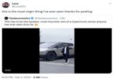 Cybertruck Apple Vision Pro video meme Lucy @LucyXIV this is the most virgin thing I've ever seen thanks for posting Teslaconomics @Teslaconomics - 23h This has to be the hardest, most futuristic exit of a Cybertruck owner anyone has ever seen thus far 0:03 8:55 PM Feb 4, 2024 5.3M Views (o @THEGRIZZ :