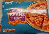 NEW HEINZ BEANZ & SAUSAGE PIZZA Por 1:2 Pasa verdaked Fat Saturat Sugars Salt 15.3g 5.19 4.89 2.89 3% 47% Energy 465kcal 23% 22% 26% of an adults reference intake Energy per 100g 521 /22