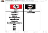 Which Side Are You On @Eric_Biggz . Dec 22, 2023 Antifa is trending again and so I figured I Explain how simple it is once again. FASCISTS HATE Blacks Asians Jews Immigrants Socialists Unions Asylum Seekers Etc 718 Etc Etc Etc 13.3K ANTI FASCIST ACTION ANTI-FASCISTS HATE Fascists 16K ılıl 329K 口企