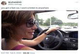 Mrs FishVEVO @Will Kellogg you got a fast car, I want a ticket to anywhere 9:47 PM. Feb 5, 2024 102.3K Views : ... 2