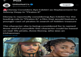 Post Unlimited L's @unlimited_ls Seguir Disney Considers Ayo Edebiri as Replacement for Johnny Depp in "Pirates 6" Disney is reportedly considering Ayo Edebiri for the leading role in "Pirates 6," a film that would feature a younger cast of pirates in search of hidden treasure The character she is being considered for is named Anne and it's possible this character could be based on real-life pirate, Anne Bonny, who was an Irishwoman Traducir post