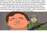 When you're 3 hours in to an interview and busting for the toilet but an armed Russian guard signals you to sit back down so Putin can finish his 37 minute story about the Duchy of Lithuania first importing bananas into Europe in 1402 and that's why Ukraine shouldn't exist today. ClovisTheDoodler