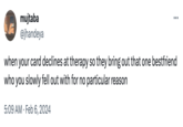 mujtaba @jhandeya when your card declines at therapy so they bring out that one bestfriend who you slowly fell out with for no particular reason 5:09 AM Feb 6, 2024