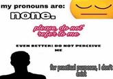 my pronouns are: none. please, do not refer to me EVEN BETTER: DO NOT PERCEIVE ME for practical purposes, I don't exist