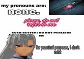 my pronouns are: none. please do not refer to me EVEN BETTER: DO NOT PERCEIVE ME 100 for practical purposes, I don't exist
