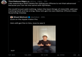 Tina Debove Nigro @tina__nigro 15h Like watching a 2007 Nokia fan telling you iPhone is not that advanced because you can do the same with Symbian. He could've just said nothing, taken the best things of visionOS, add eye tracking back and be a king. Now he's got his own Ballmer iPhone video. Surprising misstep Sheel Mohnot @pitdesi 20h Zuck on the Apple Vision Pro He's still got fire in him, love to see it 3:27 300 280 Shot with Quest 3 Mixed Reality Passthrough 2.9K ₁975K 口