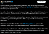 Oli London @OliLondonTV Subscribe Palestinian activists are spreading a false and extremely misleading story across X that Malaysian influencer @stillgray has been executed by the Malaysian government. lan Miles Cheong has been a frequent target of far-left activists and now they have even gone as far as to photoshop a fake Fox News headline. Hundreds of Palestinian activists have spread the misinformation across X, with many celebrating the idea of the popular influencer being executed. The story began after Twitter user @TheWapplehouse spread the baseless story, which has been viewed more than 1.9 million times. It comes days after media outlet Daily Dot published an article about the influencer's tweets on Israel and how Malaysia's new sedition laws, target anyone that is pro-Israel.