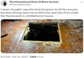 The International Flann O'Brien Society @FlannOBrienSoc I never thought I was the kind of person to fall for a scam, but then Divney sent me to fetch the cash box from under the floorboards in old Mathers's house. 8:19 AM Feb 16, 2024 7,200 Views .