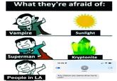 What they're afraid of: Vampire Superman People in LA 12:45 1 1 Sunlight Kryptonite F Friend > Any chance you wanna drive me to LAX?
