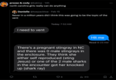 prozac & cody @kakicp 14h north carolina girls really can do anything ● Danielle @toepacktoe. Feb 15 Never in a million years did I think this was going to be the topic of the vent I need to vent ta Today 7:52 AM There's a pregnant stingray in NC and there was 0 male stingrays in the enclosure. They think she either self reproduced (sting Jesus) or one of the 2 male sharks in the encounter got her knocked up (shark ray) 8 ₁313 Hit me Read 8:20 AM 口企