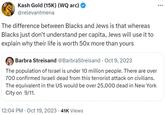 Kash Gold (15K) (WQ arc) @relevantmena The difference between Blacks and Jews is that whereas Blacks just don't understand per capita, Jews will use it to explain why their life is worth 50x more than yours Barbra Streisand @Barbra Streisand Oct 9, 2023 The population of Israel is under 10 million people. There are over 700 confirmed Israeli dead from this terrorist attack on civilians. The equivalent in the US would be over 25,000 dead in New York City on 9/11. 12:04 PM Oct 19, 2023 41K Views .
