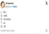 Jill Gutowitz @jillboard Follow L - her G - web B - connects T-us Q- all 3:33 PM. Feb 21, 2024 X Ⓡ