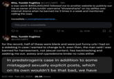 Rita, Tumblr Fugitive @mAD_hØPZ - 19h a man worth $400,000,000 followed me to another website to publicly out me as owner of the tumblr username "showersharts" on my selfies over internet drama when he banned me 3 times in a week and mentioned calling the cops incredible x.com/photomatt/stat... This post is unavailable. 13 131 Rita, Tumblr Fugitive @mAD_hØPZ 1K ₁310K 9:57 AM Feb 22, 2024 26.5K Views In predstrogen's case in addition to some mistagged sexually explicit posts, which on its own wouldn't be that bad, we have 口企 for the record, half of these were blank and were just funny urls i had on a sideblog in case i wanted to change to it. even then, the man said i was banned for harrassment, not sexual content. hes backtracking and seeking me out. avewy and cyprederone broke no rules either :
