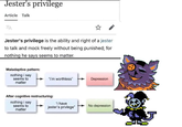 Jester's privilege Article Talk SA Jester's privilege is the ability and right of a jester to talk and mock freely without being punished; for nothing he says seems to matter. Maladaptive pattern: nothing i say seems to matter "I'm worthless" After cognitive restructuring: nothing i say seems to matter "i have jester's privlege" Depression No depression T