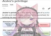 Jester's privilege Article Talk Jester's privilege is the ability and right of a jester to talk and mock freely without being punished; for nothing he says seems to matter. Maladaptive pattern: nothing i say seems to matter i'm worthless" After cognitive restructuring: nothing i say seems to matter i have jester's privlege" Depression No depression