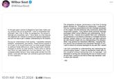 Wilbur Soot @WilburSoot In the past week a series of allegations have been made over my conduct from an ex-girlfriend. I want to emphasise that, although I feel it fair to offer my perspective, this person's feelings are completely valid. I have taken my time sharing this statement as I wanted to process and respond respectfully and with the hope to gain a deeper understanding for the situation. During our relationship's final months, I regrettably became slobbish, disrespectful, and selfish. These actions caused a lot of pain to my ex-girlfriend and I've since sought therapy to address these behaviours, making significant lifestyle changes to rectify my past actions. I have come to realise how much my past behaviour hurt this person, but I truly, compassionately believe I have made great strides from the person I once was and hope I can continue to grow and improve on this trajectory. 10:51 AM. Feb 27, 2024. 2.4M Views The allegation of abuse, particularly in the form of biting, deeply shocked me. Throughout our relationship, I understood from our numerous conversations and text message exchanges on the subject, that this behaviour was consensual, playful and reciprocally enjoyed. I truly believe those personal message exchanges reflect mutual affection and understanding. Out of respect for her, I choose not to publish them and I emphasise my perspective is not shared to diminish or invalidate anyone's feelings. Instead I share it in the hope that I can offer a genuine, fair and relevant insight into my understanding of the situation. While I may perceive our interactions differently, I recognise that this person has processed and expressed feelings of hurt. I want to extend my sincerest apologies for any pain that I caused. I am fully committed to understanding and addressing her concerns going forward. I hope my perspective sheds light on this situation without detracting from its message. I am dedicated to earning and maintaining the trust of those around me and hope I continue to be held to these high standards I wish to attain and maintain. - Will