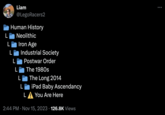 Liam @LegoRacers2 Human History Neolithic Iron Age Industrial Society Postwar Order The 1980s L The Long 2014 iPad Baby Ascendancy LA You Are Here 2:44 PM Nov 15, 2023 · 126.8K Views :