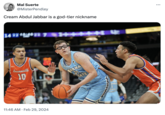 Mal Suerte @MisterPendley Cream Abdul Jabbar is a god-tier nickname 14 348 Evansville 10 11:46 AM Feb 29, 2024 NANA STATE 1 :