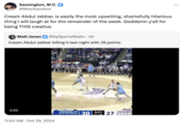Sassington, M.C. @MissSassbox Cream Abdul Jabbar, is easily the most upsetting, shamefully hilarious thing I will laugh at for the remainder of the week. Goddamn y'all for being THIS creative. Matt Jones @KySportsRadio . 4h Cream Abdul Jabbar killing it last night with 35 points 0:50 11:54 AM. Feb 29, 2024 INDIANA ST: 24-5 (15-3 MVC) 30 3:21 11 1st EVANSVI 27 15-14 (6-12 ...