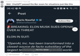 Posted by u/assymetry1 7 hours ago 317 News ChatGPT passed the Bar exam for situations just like this 06:42 ← Post Mario Nawfal @MarioNawfal ELON IN SUIT: BREAKING: ELON MUSK SUES OPENAI OVER AI THREAT 232 Comments 19 Share "OpenAI, Inc. has been transformed into a closed-source de facto subsidiary of the largest technolog SEE FULL IMAGEny in the world: Save CT NON 1/3 Subscribe ... ⠀