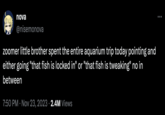nova @nisemonova zoomer little brother spent the entire aquarium trip today pointing and either going "that fish is locked in" or "that fish is tweaking" no in between 7:50 PM Nov 23, 2023 2.4M Views