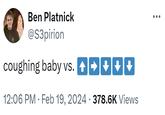 coughing baby vs. ⬆️➡️⬇️⬇️⬇️ Ben Platnick @S3pirion coughing baby vs. ✦✦✦✦✦ 12:06 PM Feb 19, 2024 378.6K Views ·