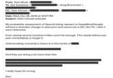 From: Elon Musk To: Ilya Sutskever CC: Sam Altman Date: Wed, Dec 26, 2018 at 12:07 PM Subject: I feel I should reiterate V >, Greg Brockman < My probability assessment of OpenAl being relevant to DeepMind/Google without a dramatic change in execution and resources is 0%. Not 1%. I wish it were otherwise. I really hope I'm wrong. Even raising several hundred million won't be enough. This needs billions per year immediately or forget it. Unfortunately, humanity's future is in the hands of And they are doing a lot more than this. Elon <