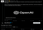 X OpenAl @OpenAI - 19h We are dedicated to the OpenAl mission and have pursued it every step of the way. We're sharing some facts about our relationship with Elon, and we intend to move to dismiss all of his claims. OpenAl and Elon Musk From openai.com 1.3K Elon Musk @elonmusk 936 X OpenAl 2.9K Change your name 1:27 AM Mar 6, 2024 · 1.2M Views 1.1K 11K 11K ₁2.7M 口企 Subscribe 328 ←] 企