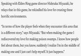 Speaking with Elden Ring game director Hidetaka Miyazaki, he relays that in this game, he rekindled his love for creating these horrific environments. "In terms of how the player feels when they encounter this area that is a different story,” says Miyazaki. “But when making the game I rediscovered my love for making poison swamps. I know how people feel about them, but you know, suddenly I realize I'm in the middle of making one and I just can't help myself. It just happens.”