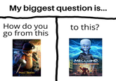 My biggest question is... How do you go from this to this? A NEW STORY FROM THE FAIRY TALES OF SHREK P--- N BOOTS THE LAST WISH IN THEATERS CHRISTMAS peacock ORIGINAL DREAMWORKS MEGAMIND, THE DOOM SYNDICATE