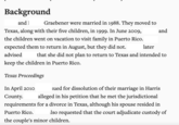 Background and] Graebener were married in 1988. They moved to Texas, along with their five children, in 1999. In June 2009, later and the children went on vacation to visit family in Puerto Rico. expected them to return in August, but they did not. advised that she did not plan to return to Texas and intended to keep the children in Puerto Rico. Texas Proceedings In April 2010 County. sued for dissolution of their marriage in Harris alleged in his petition that he met the jurisdictional requirements for a divorce in Texas, although his spouse resided in Puerto Rico. lso requested that the court adjudicate custody of the couple's minor children.