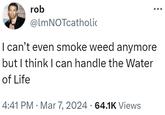 WAR SBO rob @lmNOTcatholic I can't even smoke weed anymore but I think I can handle the Water of Life 4:41 PM · Mar 7, 2024 · 64.1K Views