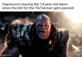 We did it boys, depression is no more | /r/dankmemes Depression leaving the 14-year-old teens when the bill for the TikTok ban gets passed: imgflip.com