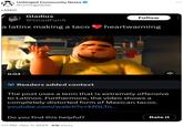LMAO LMAO Unhinged Community Notes @UnhingedCNs Gladiux @GladFan5 a latinx making a taco 0:04 Follow heartwarming Bre Readers added context The post uses a term that is extremely offensive to Latinos. Furthermore, the video shows a completely distorted form of Mexican tacos. youtube.com/watch?v=kfGLTn... Do you find this helpful? Rate it 1:11 PM • Nov 11, 2023 61K Views