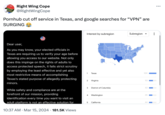 Right Wing Cope @RightWingCope Pornhub cut off service in Texas, and google searches for "VPN❞ are SURGING Dear user, As you may know, your elected officials in Texas are requiring us to verify your age before allowing you access to our website. Not only does this impinge on the rights of adults to access protected speech, it fails strict scrutiny by employing the least effective and yet also most restrictive means of accomplishing Texas's stated purpose of allegedly protecting minors. While safety and compliance are at the forefront of our mission, providing identification every time you want to visit an adult platform is not an effective solution for • 10:37 AM Mar 15, 2024 181.5K Views Interest by subregion Subregion ▾ 1 Texas 2 Virginia 100 53 3 District of Columbia 53 4 Washington 5 California 45 44 ...