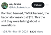 ok, devon @Kokokokokokoa Follow Pornhub banned, TikTok banned, the baconator meal cost $15. This the s--- they were talking about in revelations • 11:39 AM Mar 15, 2024 5,120 views •