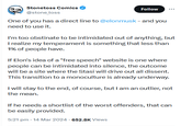 Stonetoss Comics @stone_toss Follow One of you has a direct line to @elonmusk - and you need to use it. I'm too obstinate to be intimidated out of anything, but I realize my temperament is something that less than 1% of people have. If Elon's idea of a "free speech" website is one where people can be intimidated into silence, the outcome will be a site where the Stasi will drive out all dissent. This transition to a monoculture is already underway. I will stay to the end, of course, but I am an outlier, not the mean. If he needs a shortlist of the worst offenders, that can be easily provided. . 5:21 pm - 14 Mar 2024-652.8K Views