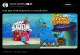 James Landino ● E @JamesLandino only two kind of gamers on march 20th DOOM ETERNAL 11:08 AM ⚫ Jan 29, 2020 Follow New Horizons Welcome to Animal Crossing 77