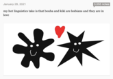 January 28, 2021 3,055 notes my hot linguistics take is that bouba and kiki are lesbians and they are in love **