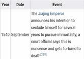 Year Date Event The Jiajing Emperor announces his intention to seclude himself for several 1540 September years to pursue immortality; a court official says this is nonsense and gets tortured to death [239]